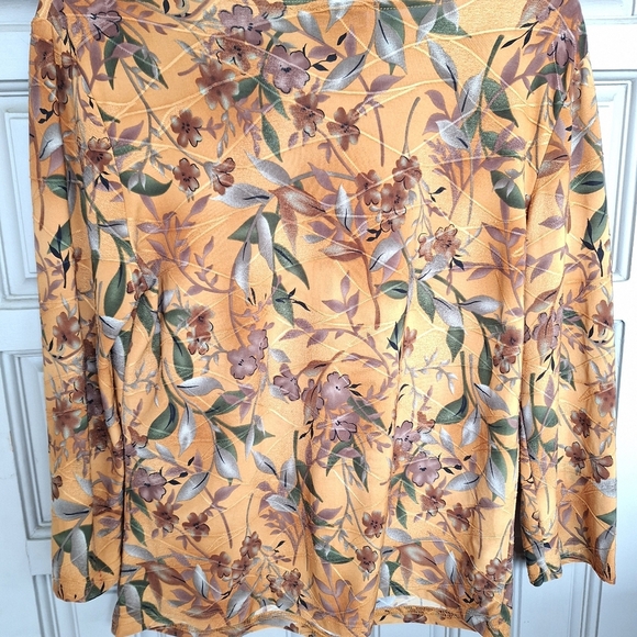 Carol Rose SzL Floral V-Neck Top - Pretty Mustard and Brown 3/4 Sleeves Stretchy - Picture 6 of 7